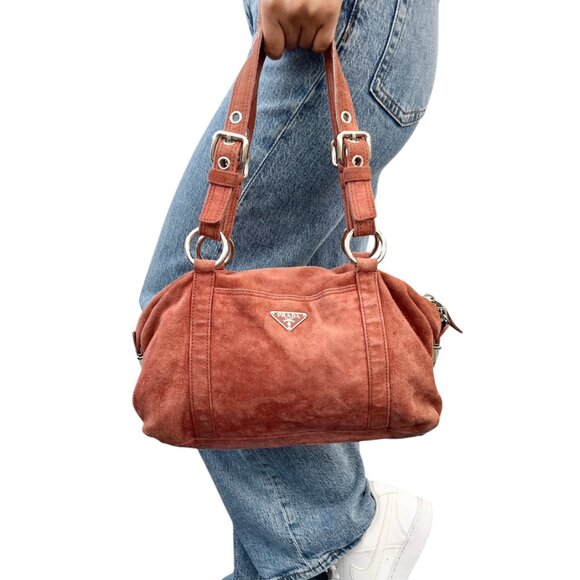 PRADA Vintage Logo Shoulder Bag Tote Red Brown Silver Handbag Suede Zip [105155] - Picture 3 of 13